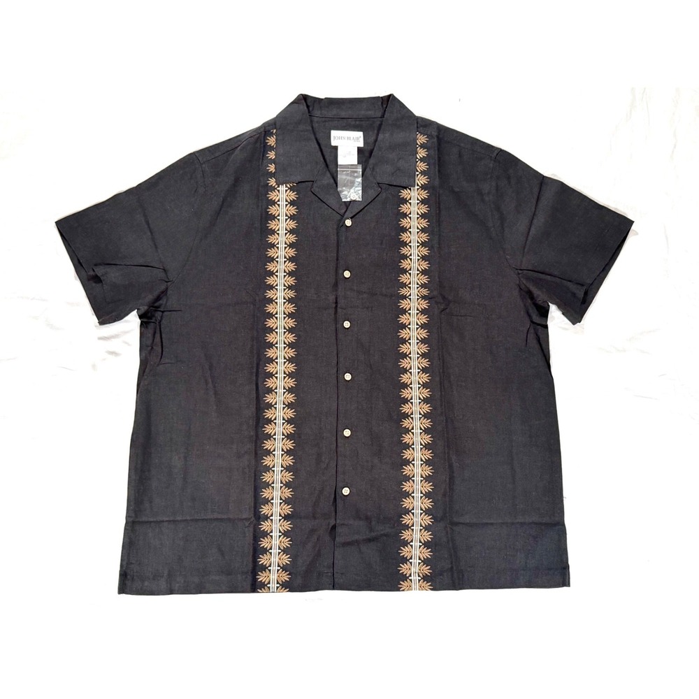 John Blair Men's XL Black Linen Rayon Embroidered Guayabera Camp Shirt NWOT